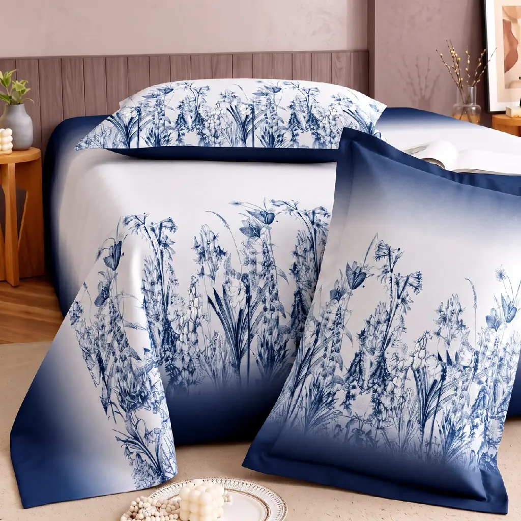 Blue Botanical Bedding in a Modern Bedroom.webp
