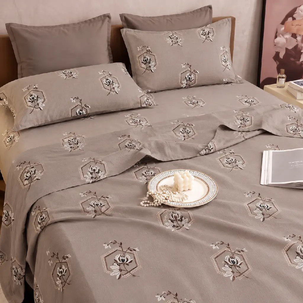 Taupe Floral Hexagon Bedding Display.webp